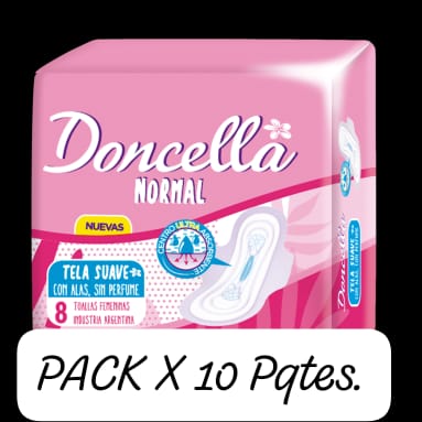 PACK X 10 DONCELLA TOALLA FEMENINA NORMAL C/ALAS X 8 U